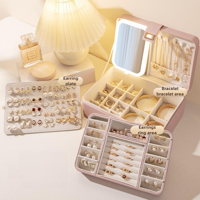 Jewelry Box, Ring, Earrings, Necklace, Anti Oxidation Storage Box, Jewelry Display Accessories - Makeup Mirror with LED Light
