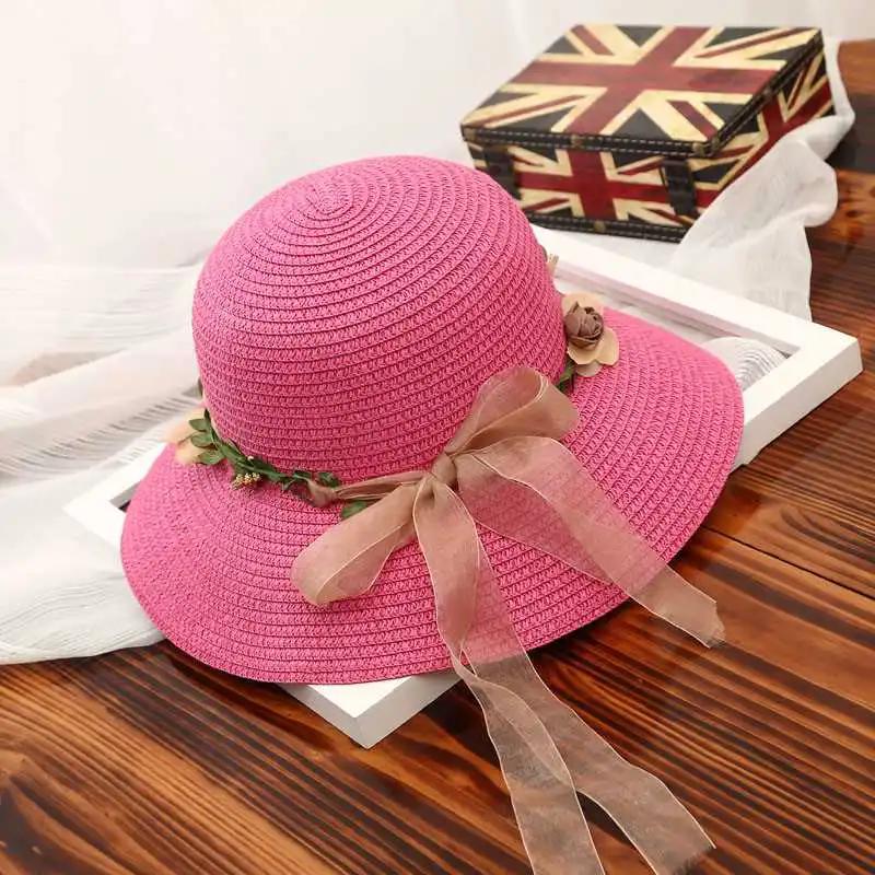 WTEMPO Women's Solid Color Beach Summer Sunscreen Hats Elegant Mesh Bow Foldable Beach Flower Wreath Sun Hats