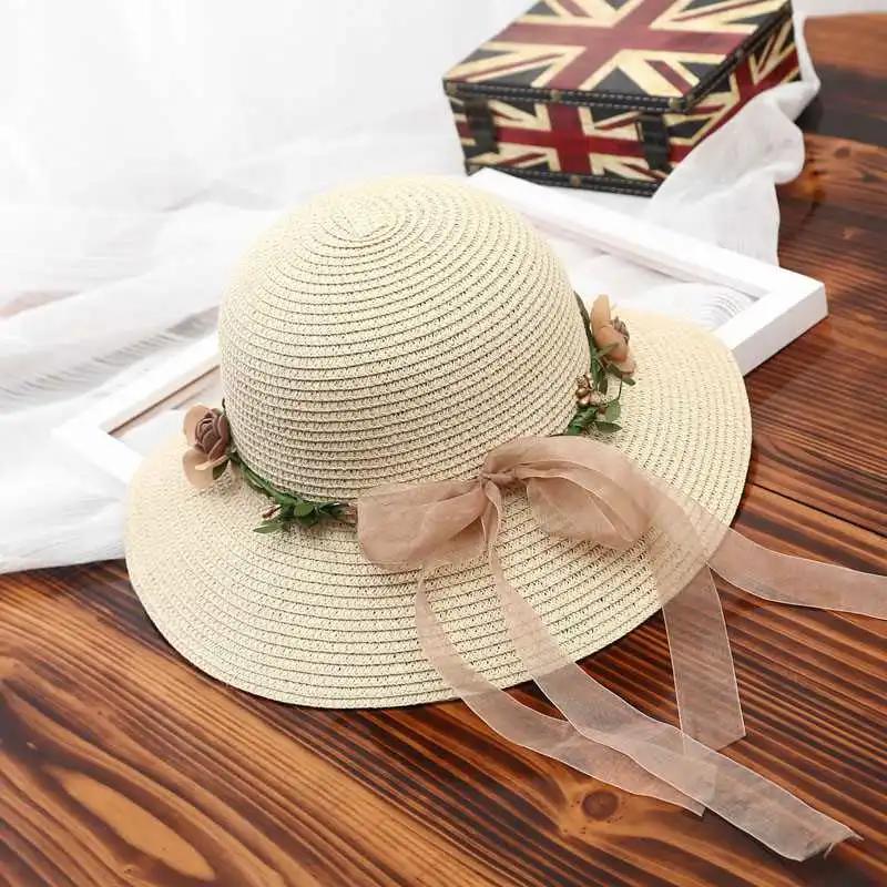 WTEMPO Women's Solid Color Beach Summer Sunscreen Hats Elegant Mesh Bow Foldable Beach Flower Wreath Sun Hats