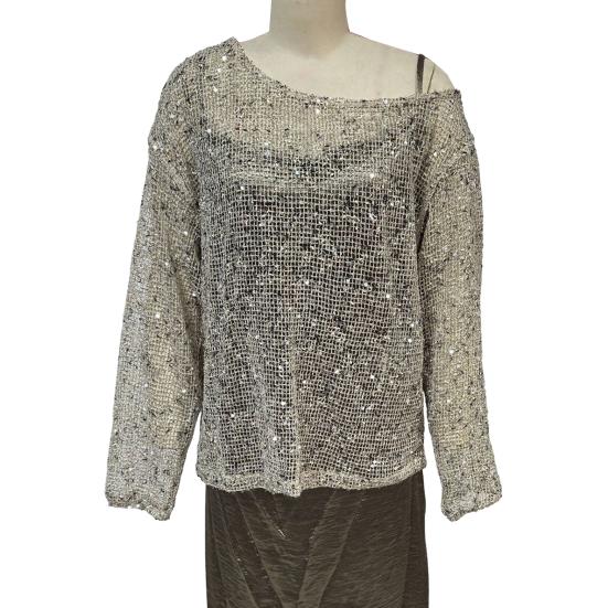 Женские топы с блестящими пайетками, круглым вырезом, длинными рукавами, свободного кроя, пуловеры для офиса, отпуска, вечеринки