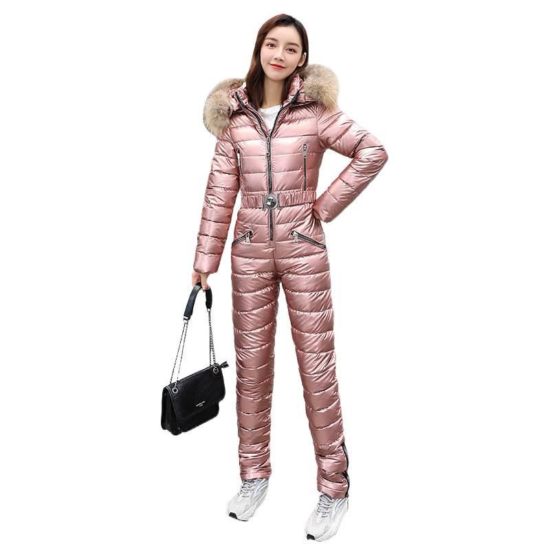 Outdoor skiing one-piece cotton-padded women's big fur collar glossy thickened cotton-padded winter clothing multi-color one piece supply