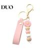Silicone Bead Wristlet Keychain Flower with Faux Leather Wristlet, Car Key Wood Ring Pendant, Handbag Backpack Charm Beads Decorative
