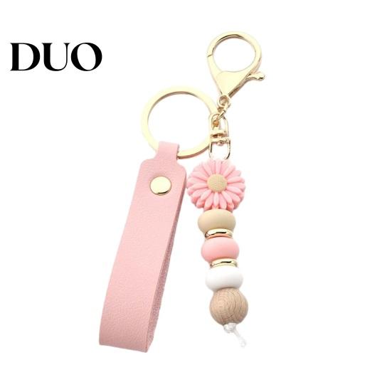 Silicone Bead Wristlet Keychain Flower with Faux Leather Wristlet, Car Key Wood Ring Pendant, Handbag Backpack Charm Beads Decorative