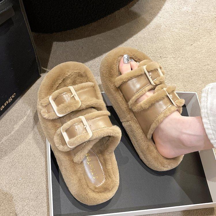 Пряжка белые пушистые тапочки на толстой подошве женская обувь носить новый интернет знаменитость теплая кекс одно слово плюшевые хлопковые швабры