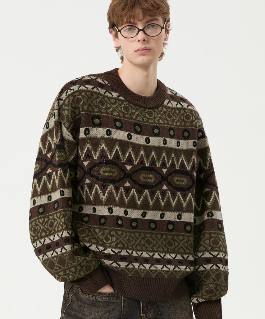 TRILLION Винтажный жаккардовый джемпер Fair Isle с круглым вырезом_Коричневый