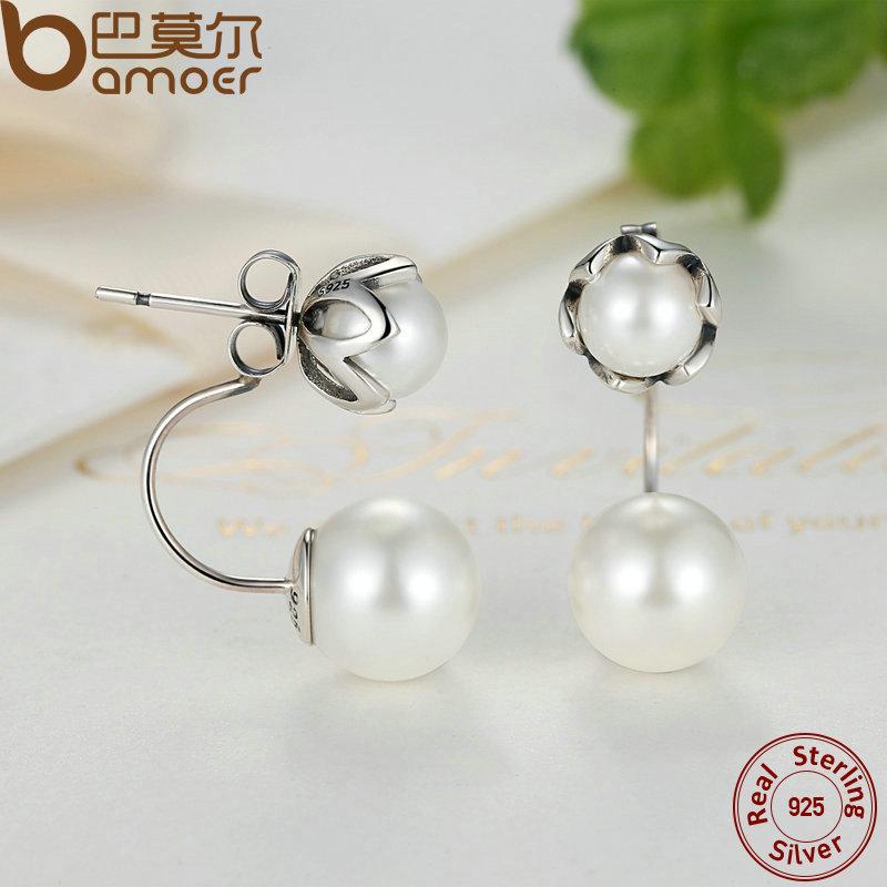 BAMOER New 100% Authentic 925 Sterling Silver Simulated Pearls Jewelry Special Style Female Drop Earrings SCE002