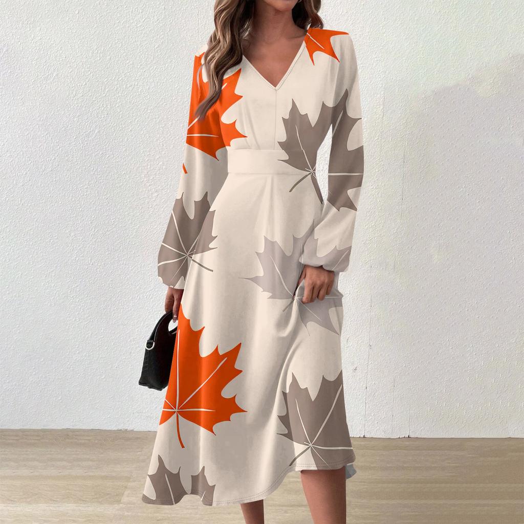 Женское осенне-зимнее повседневное модное длинное платье с v-образным вырезом и длинным рукавом с принтом дефолиации