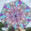Hand-Painted Design Transparent Umbrella Stained Glass Print Automatic Umbrella  Rain Protection