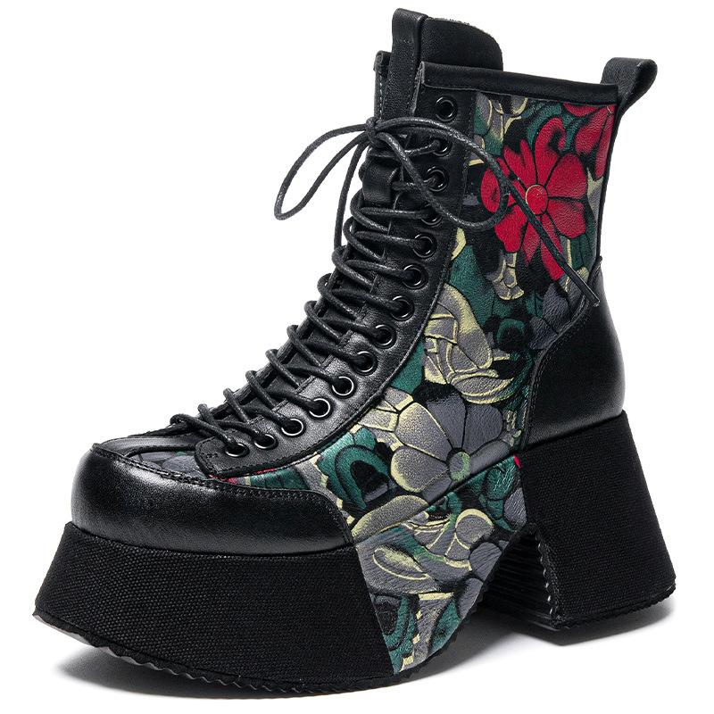 Fashion 8CM Chimney Ladies Fashion Ankle Booties Moccasins Print Shoes Natural Genuine Leather Boots Autumn Winter Motorcycle Women Fall