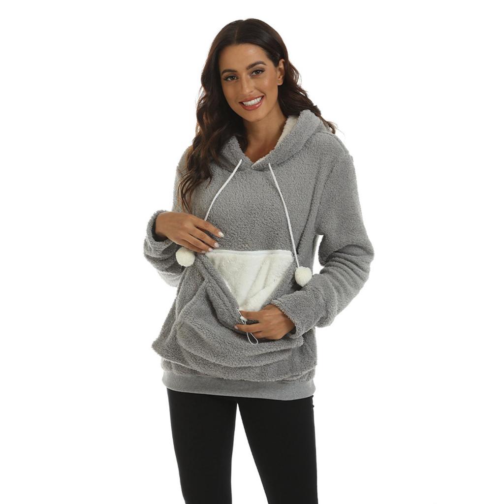 Women Hoodies Sweatshirt Big Pouch Hoodie Autumn Winter Casual Cat Dog Carrier Pullover