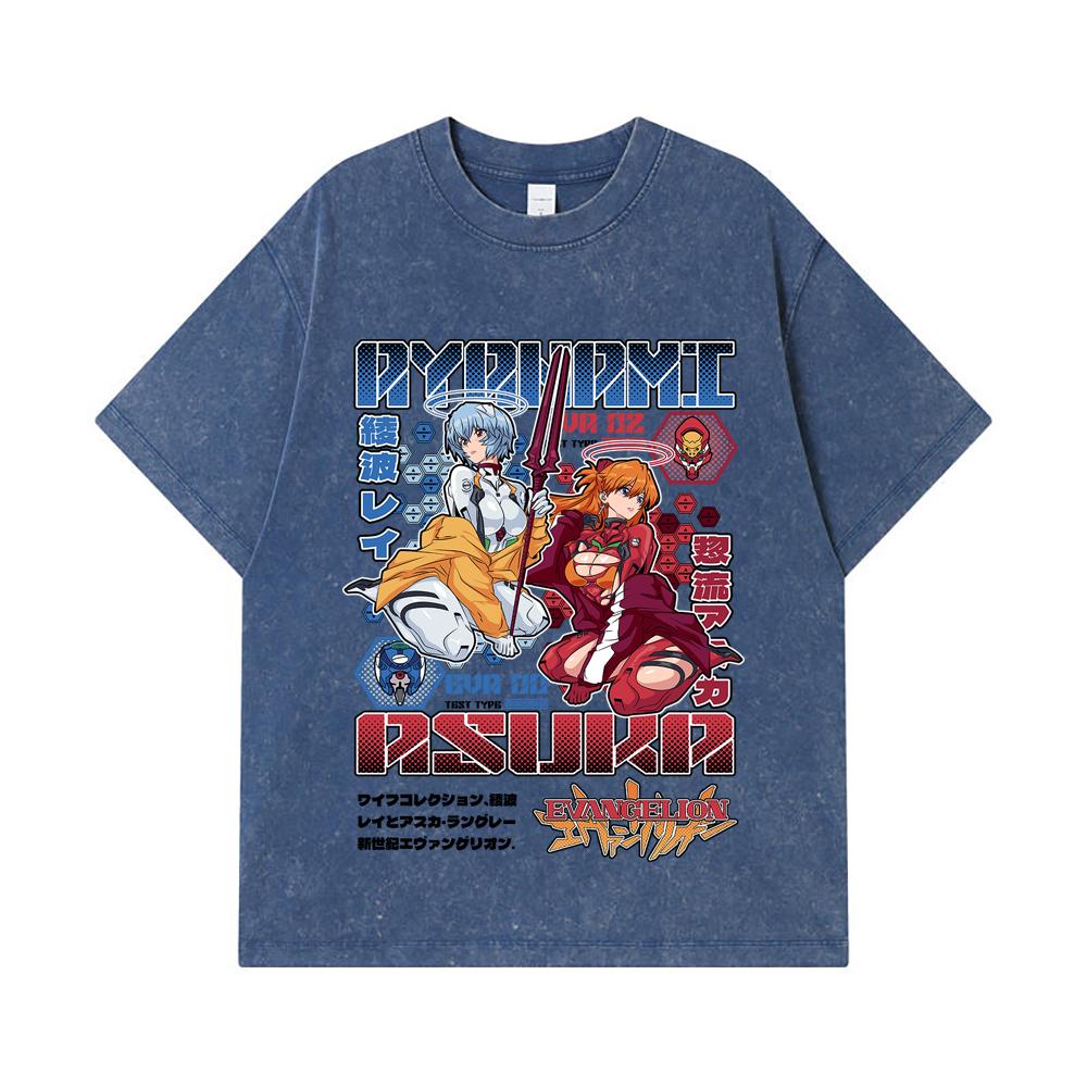 275 GSM Washed T-shirts 100% Cotton Evangelion V2 Asuka Rei Print Unisex Heavy Cotton T Shirt