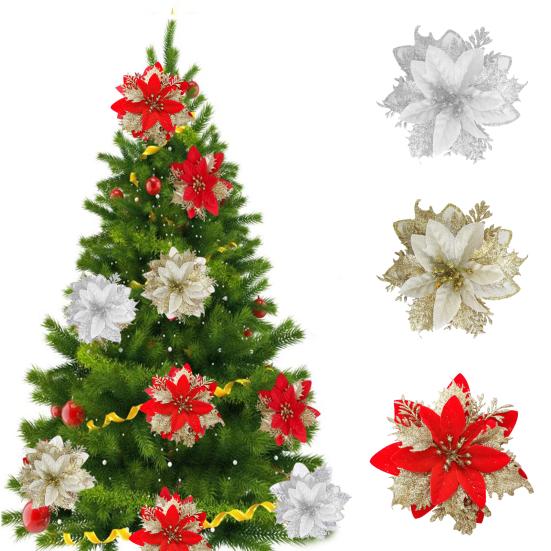 12/24 шт., рождественские искусственные цветы, блестящие листья, красные, золотые, серебряные, многослойные, рождественская елка, венок, украшение, искусственный цветок, реквизит для фотосессии для вечеринки