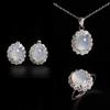Gorgeous Oval Natural White Moonstone Ring Earrings Necklace Jewelry Set Silver Elegant Noble Women Anniversary & Banquet Wear