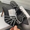 2025 Summer New Rhinestones Embellished with Black Stiletto Pointed Sandals Satin Open-toed Fashion Versatile Women's Shoes