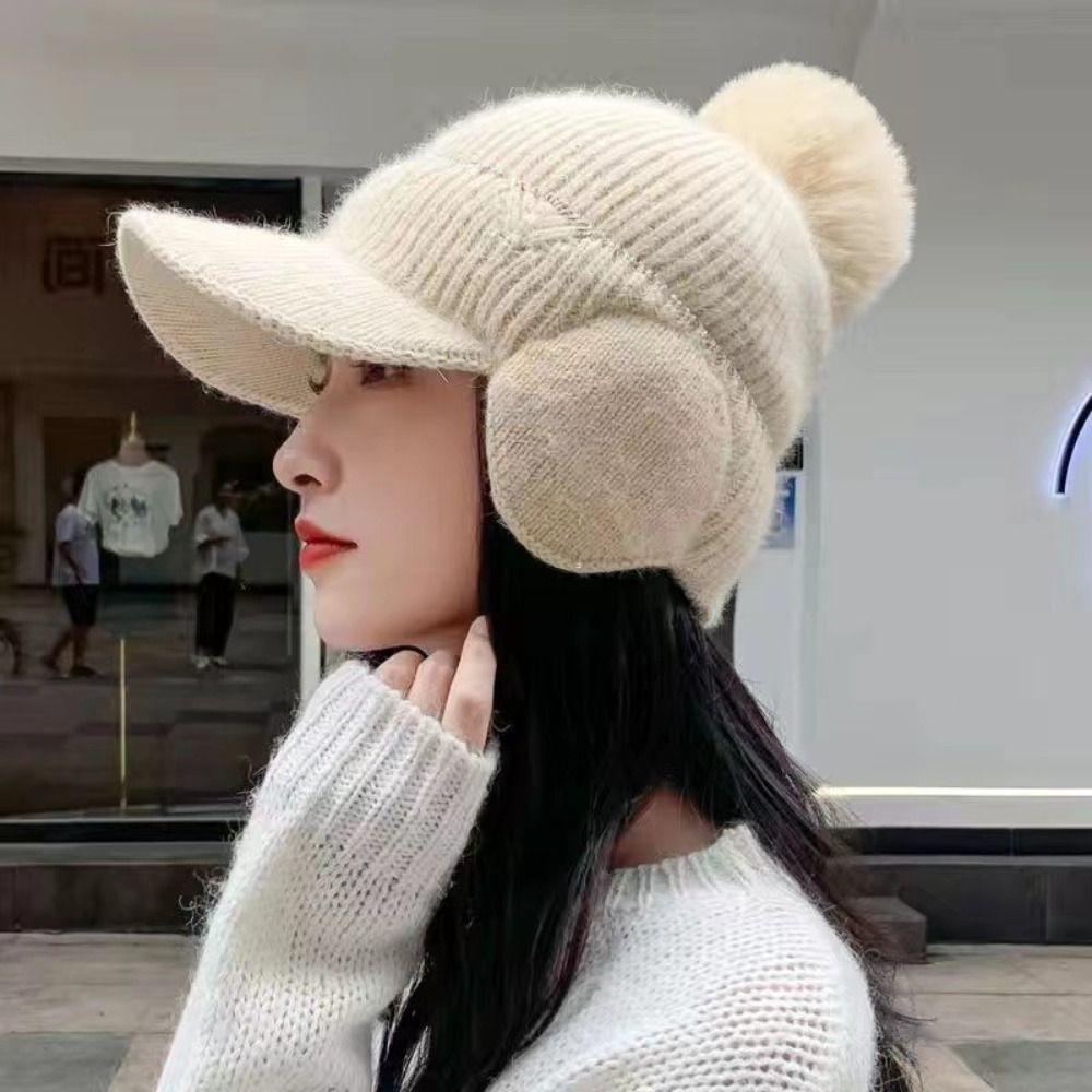 Solid Color Earflaps Hat Windproof Knitted Baseball Hat Fashion Plush Peaked Cap  Ladies