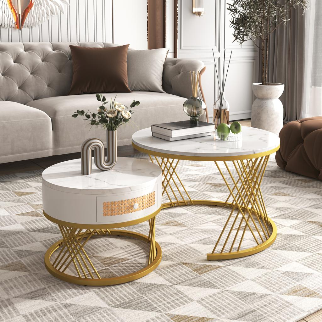 2 in 1 Round Coffee Table of MDF, Side Table with Marble Tabletop and Drawers made of Plastic Rattan, Handles made of Solid Wood. Golden Iron Feet.