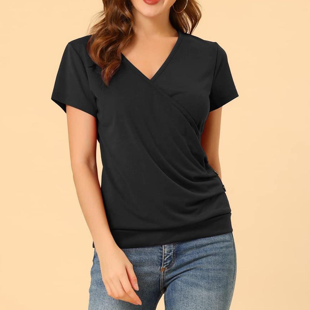 Women's  Short Sleeve T Shirts Deep V Neck Loose Casual Tee Tops For Women Solid Ruched Side Top