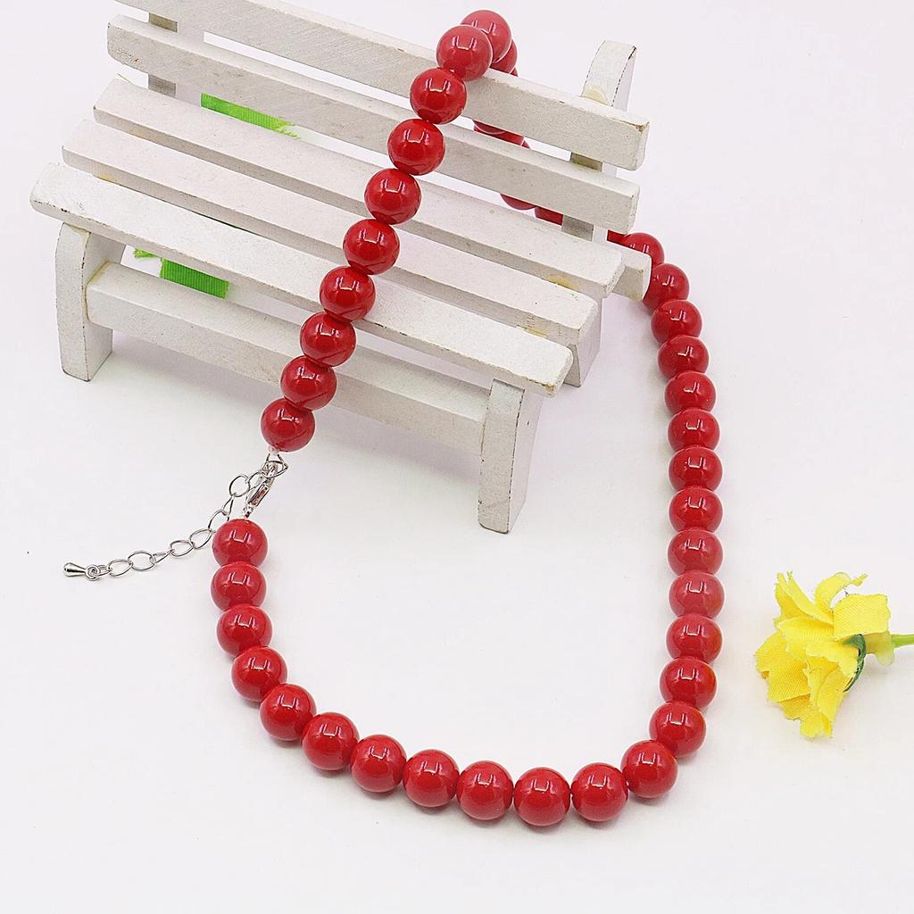 10mm Red Artificial-Coral Pearl Round Beads Necklace/Stud Earrings Sets Jewelry Neckchain,5cm Extension Chain,Girl/Women's Party Gift