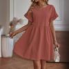 Summer Mini Dress Ruffled Short Sleeves O Neck Pleated A-line Dress Pure Color Loose Hem Dress for Dating Shopping Travel