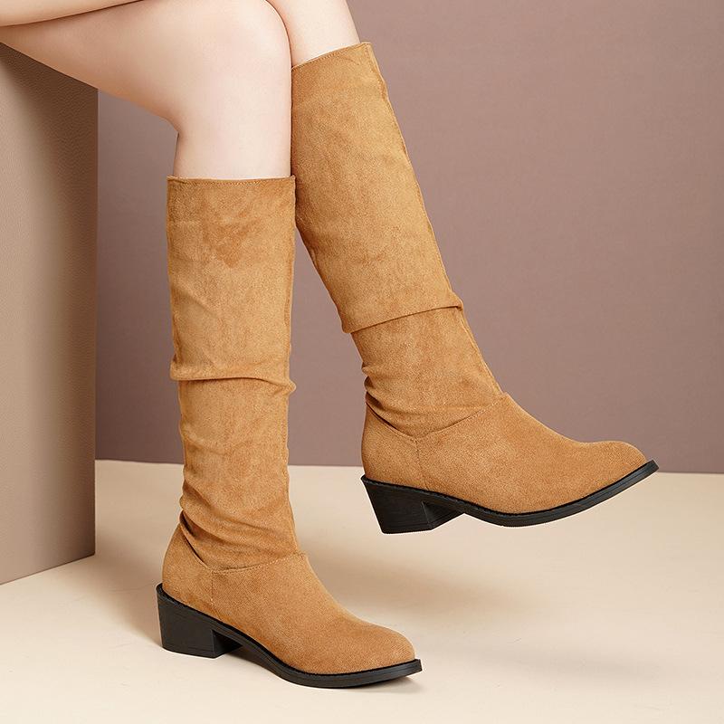Европейские и американские длинные сапоги 2024 года, осень и зима, новые замшевые сапоги на среднем каблуке со складками, высокие сапоги для женщин Zapatos De Mujer Trafza