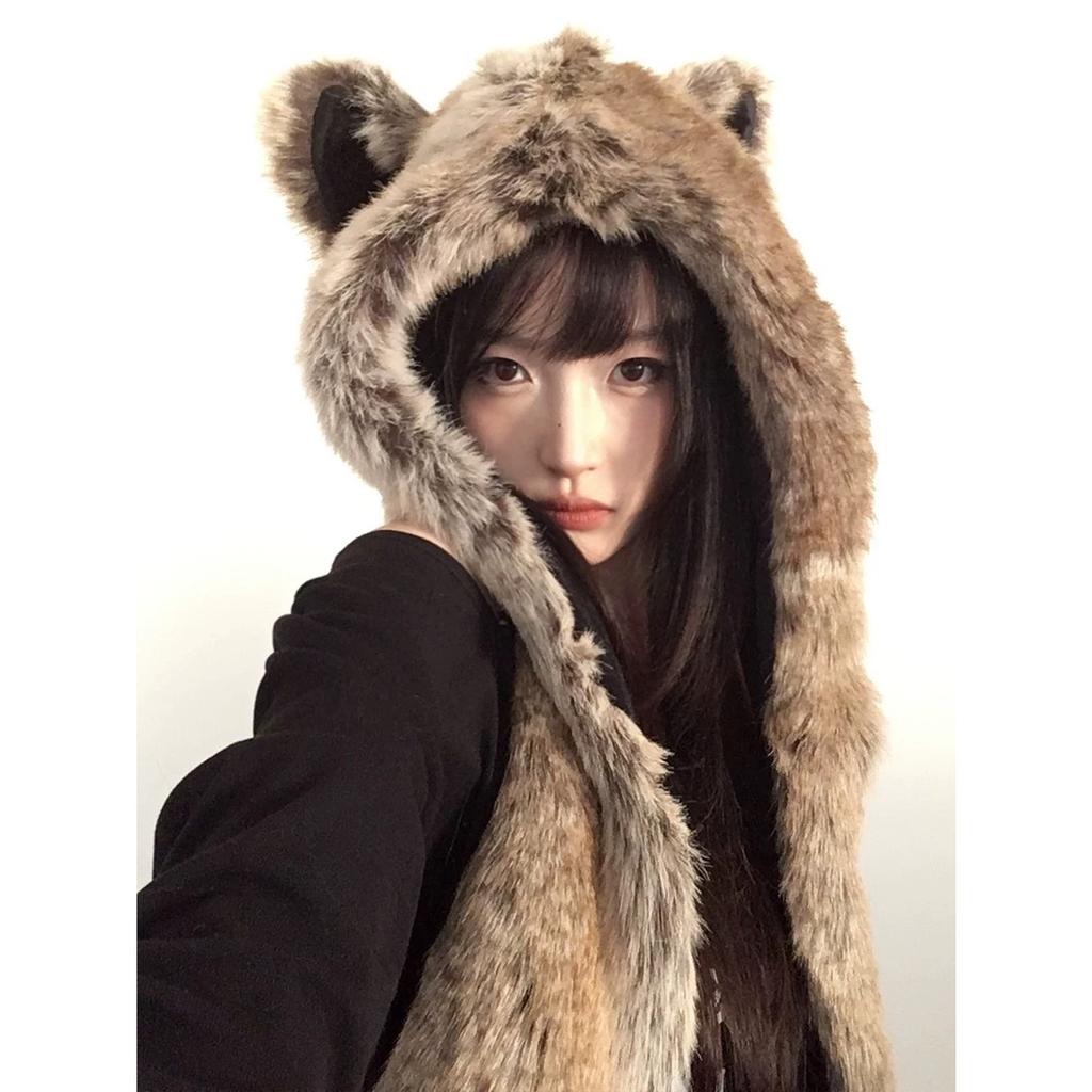 Панк Зима Универсальная Эбби Хотти Плюшевая Шапка Мех Лисы Искусственный Мех Шарф Перчатки Интегрированные Теплые