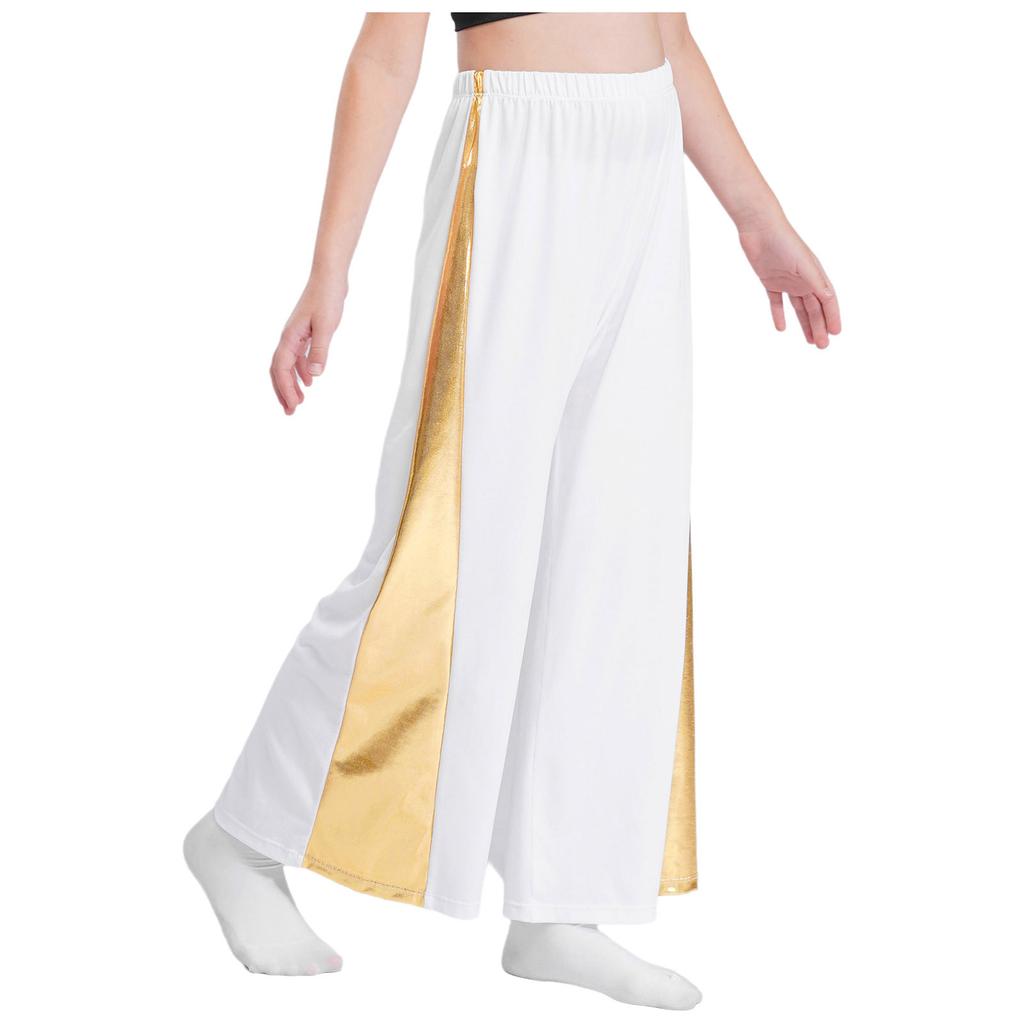 Girls Liturgical Dance Pants Metallic Patchwork High Waist Elastic Band Wide Leg Loose Trousers