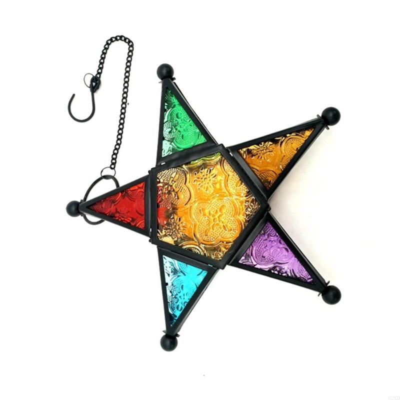 62KD Ветроустойчивый подсвечник-фонарь из цветного стекла и железного каркаса, марокканский подсвечник для патио, сада
