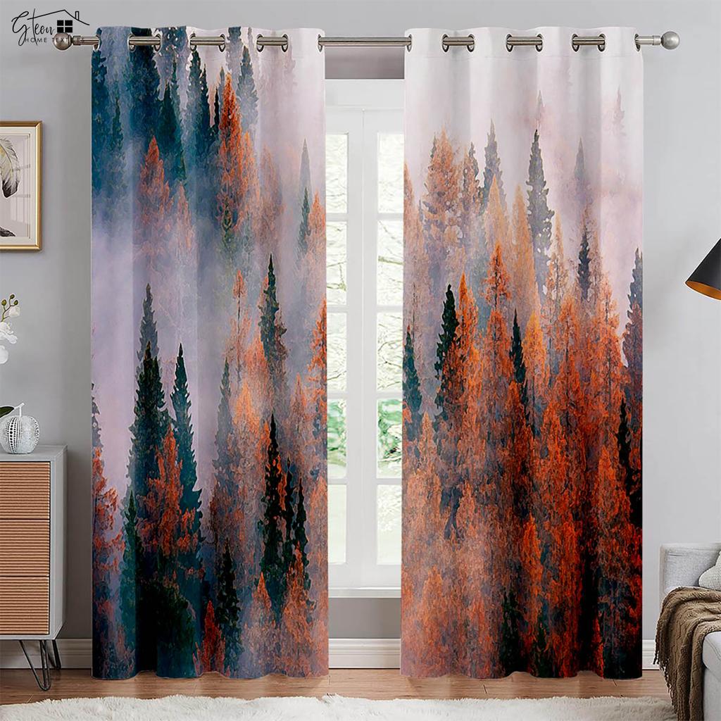 Лесные 3D-занавески с изображением леса, пейзажа, зеленого солнца, осени, кленовых листьев, природы, жизненной силы, кармана для переноски, легко стирать, занавески