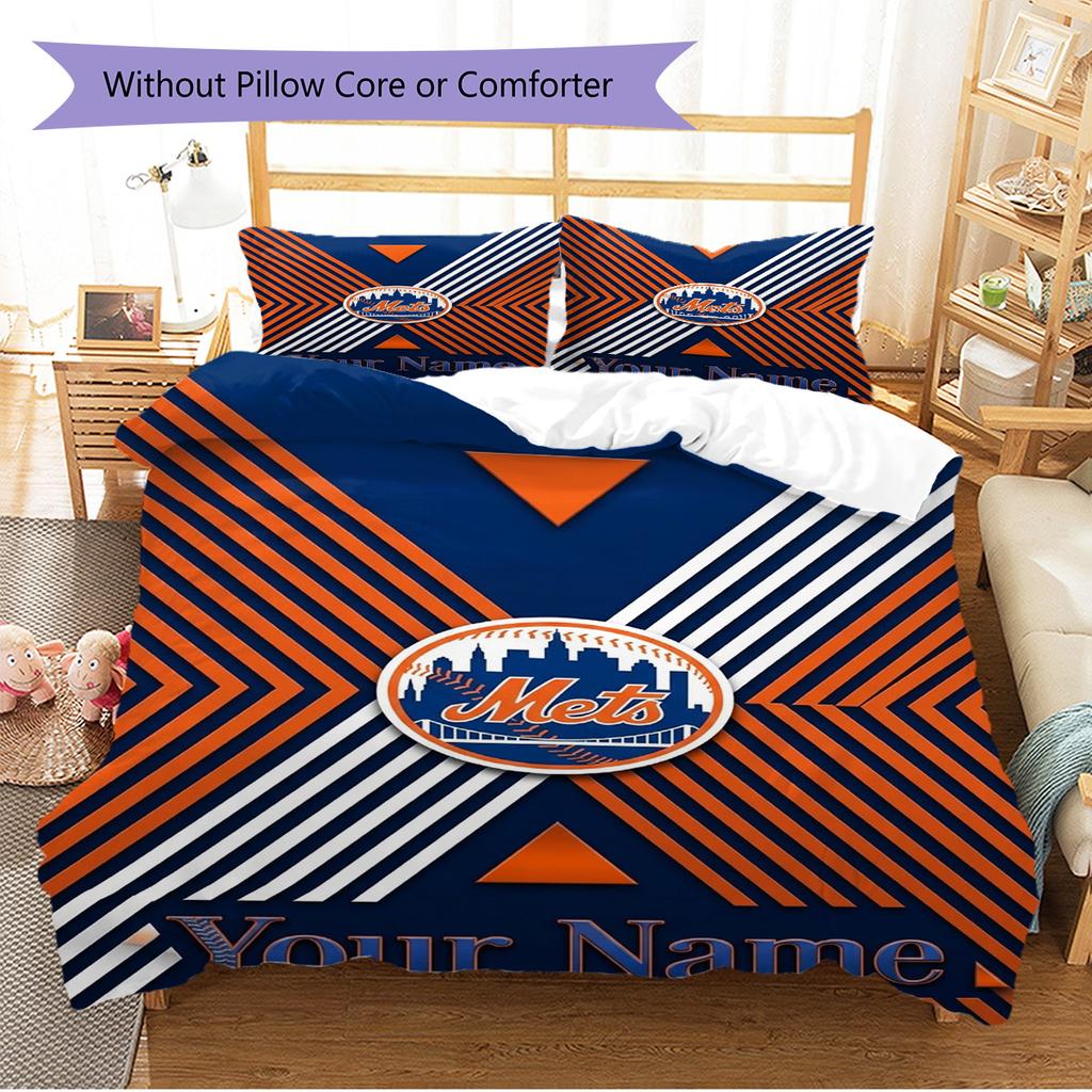 Name Custom New York Mets Pattern Bedding Set Quilt Cover Pillowcase Home Decor Gift (1 * duvet cover + 2 * pillowcase, without core)
