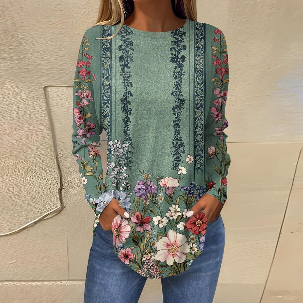 Рубашки для женщин Милые винтажные узоры с принтом Футболка с длинным рукавом Туника Топы Хлопковые пуловеры