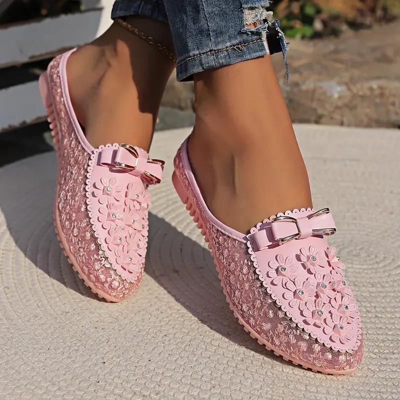 Women's Flowers Decor Flat Shoes, Fashion Mesh Design Bow Decor Slip On Backless Shoes, Stylish Summer Outdoor Shoes