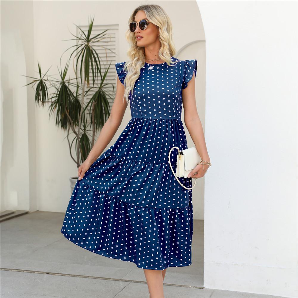 Polka Dot Print Summer Women Long Dress Round Neck Ruffled Sleeveless