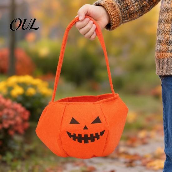 Pumpkin Treat Bag Halloween Candy for Kids, Small Trick or Bucket, Party Favor Soft Face Basket with Handle Decoration Non-woven