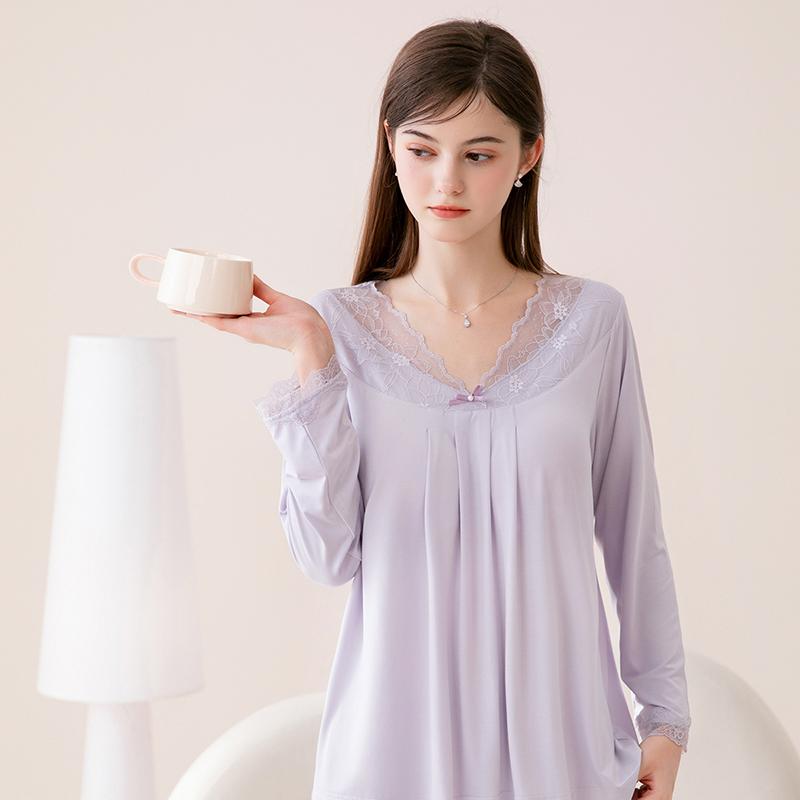 Fenteng [Comes with Chest Mat] Sexy lace V-neck minimalist palace style long sleeved home suit set for women's sleepwear