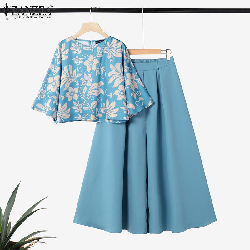 ZANZEA Женский повседневный костюм из двух частей: блузка с цветочным принтом и широкие брюки