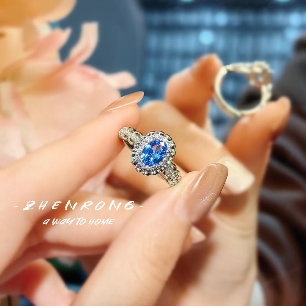 Women's 3Ct Synthetic Blue Sapphire Open Ring Light Luxury Spinel High Carbon Diamond Unique Daily Jewelry