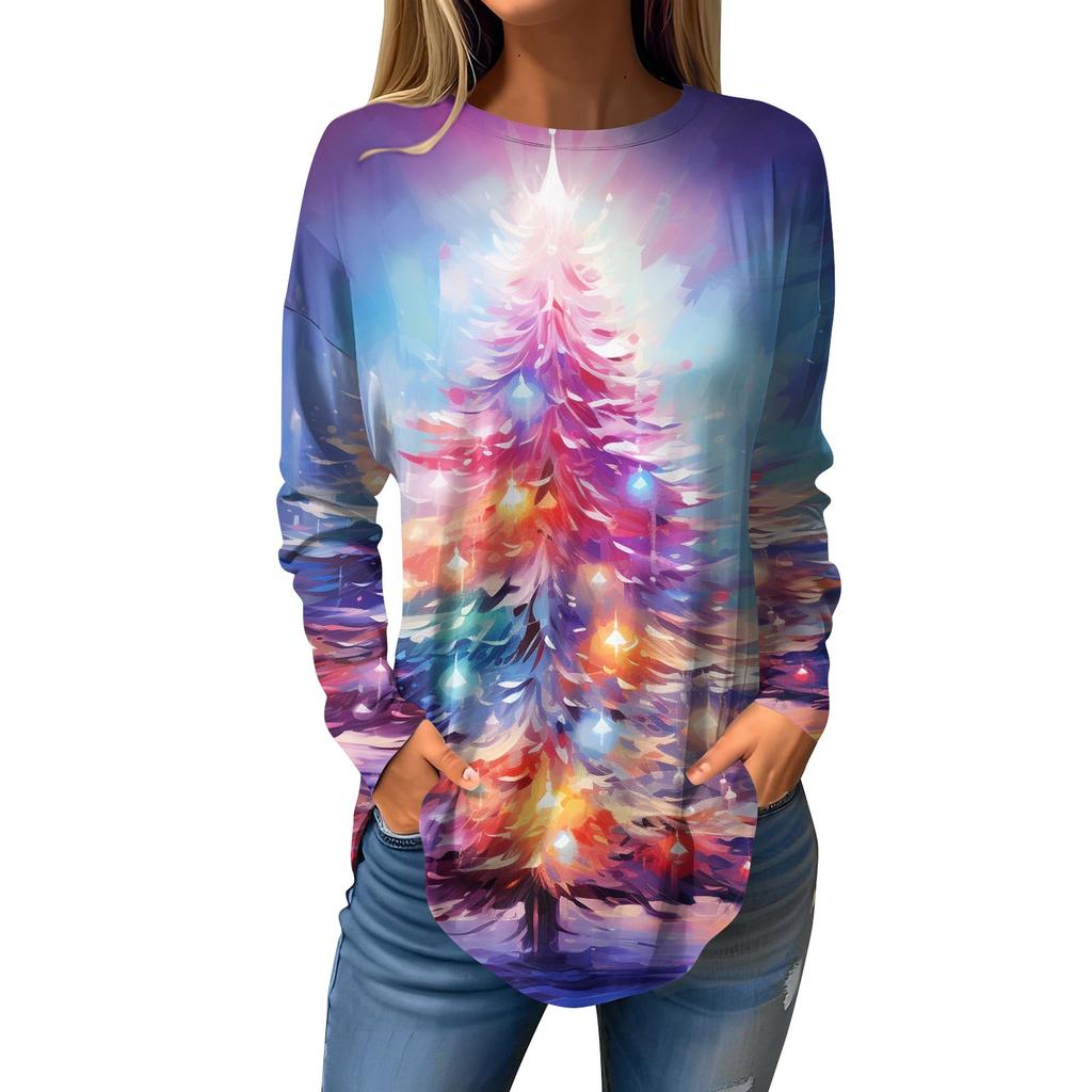 Женская свободная футболка с круглым вырезом и рождественским принтом, длинный рукав, пуловер, толстовка с длинными рукавами