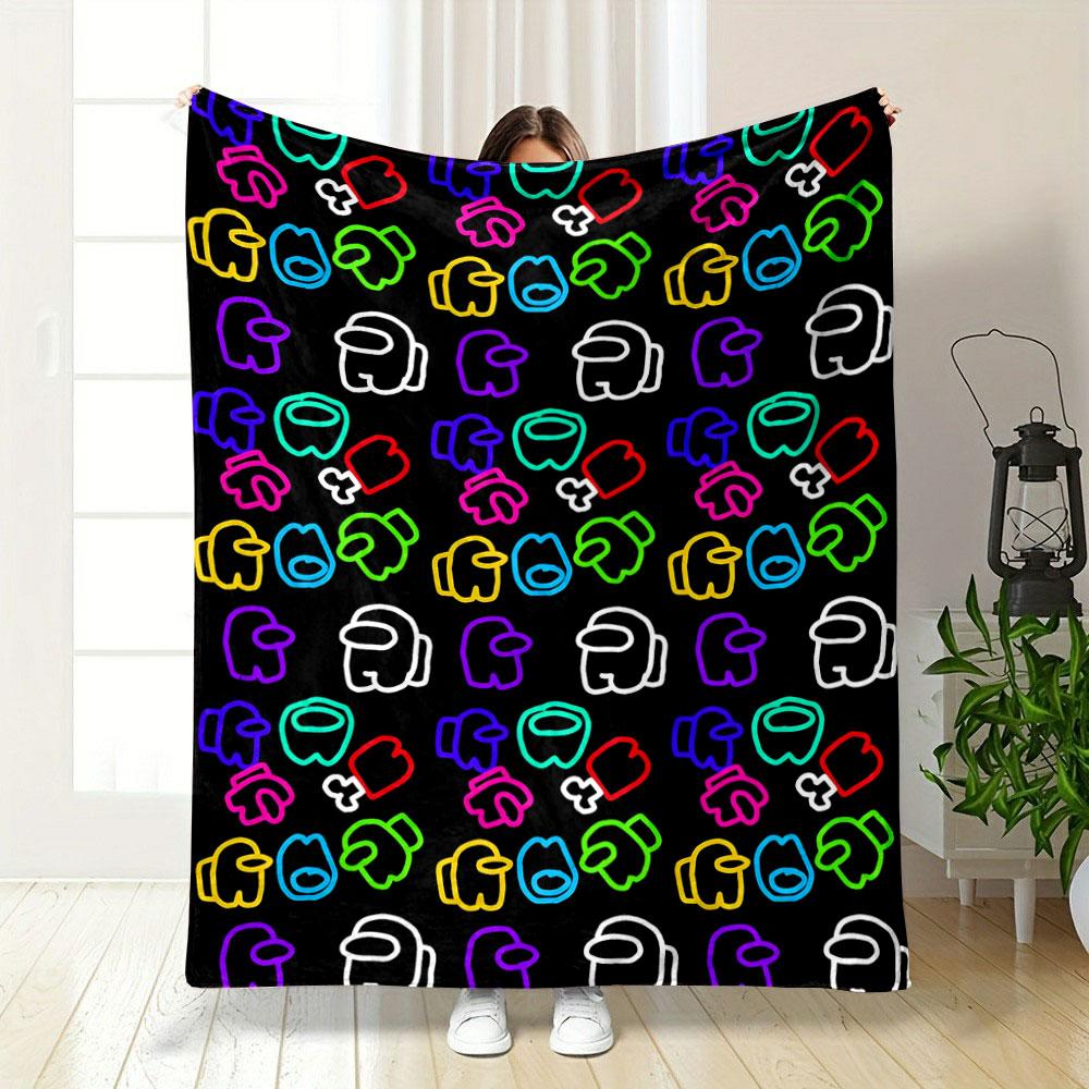 Colorful outlines of crewmates, hats, and bones on a black background. for all seasons blanket lunch break throw gift