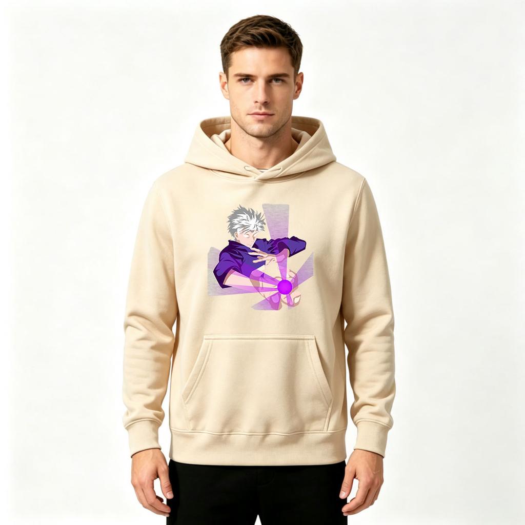 Men Anime Printed Pullover Hoodie, Casual Long Sleeve Streetwear Hooded Sweatshirt with Gojo Character Purple Energy Print