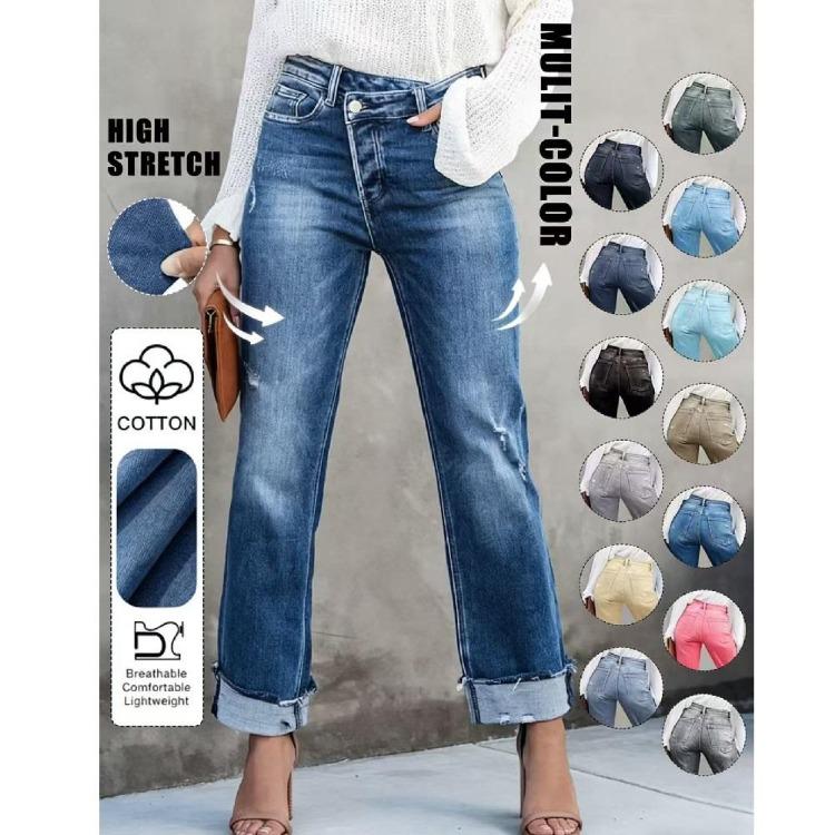Women Slim Straight High Waist Stretch Denim Jeans Solid Color Pantalones De Mujer