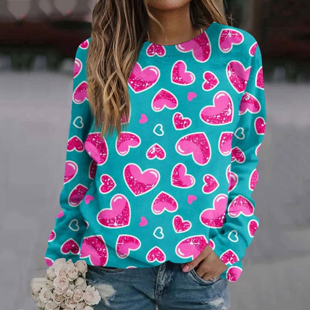 Женский модный повседневный свитер с круглым вырезом и длинными рукавами на День святого Валентина с принтом роз и круглым вырезом