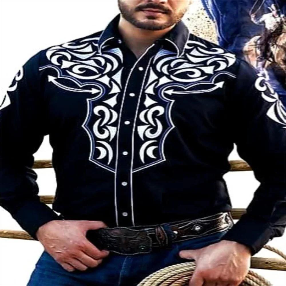 Cowboy Style Long Sleeve Shirt, Tribal Geometric Pattern