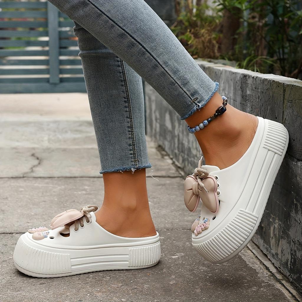 Женские туфли-сабо на платформе с бантом, стильные летние пляжные туфли с закрытым носком, модные пляжные сандалии на шнуровке для отдыха на открытом воздухе
