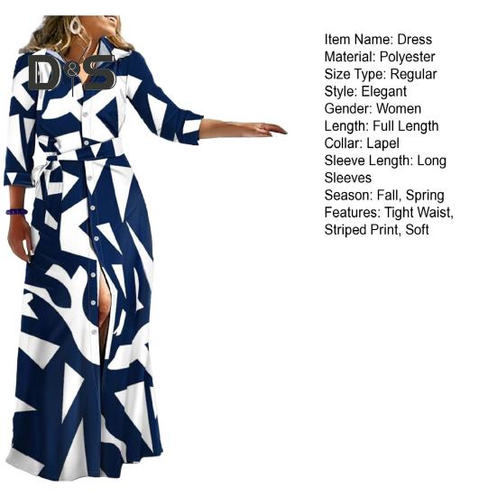Women Spring Fall Dress Lace Up Tight Waist Striped Print Lapel Long Sleeve Single Breasted Full Length Soft Lady Party Prom Maxi Dress