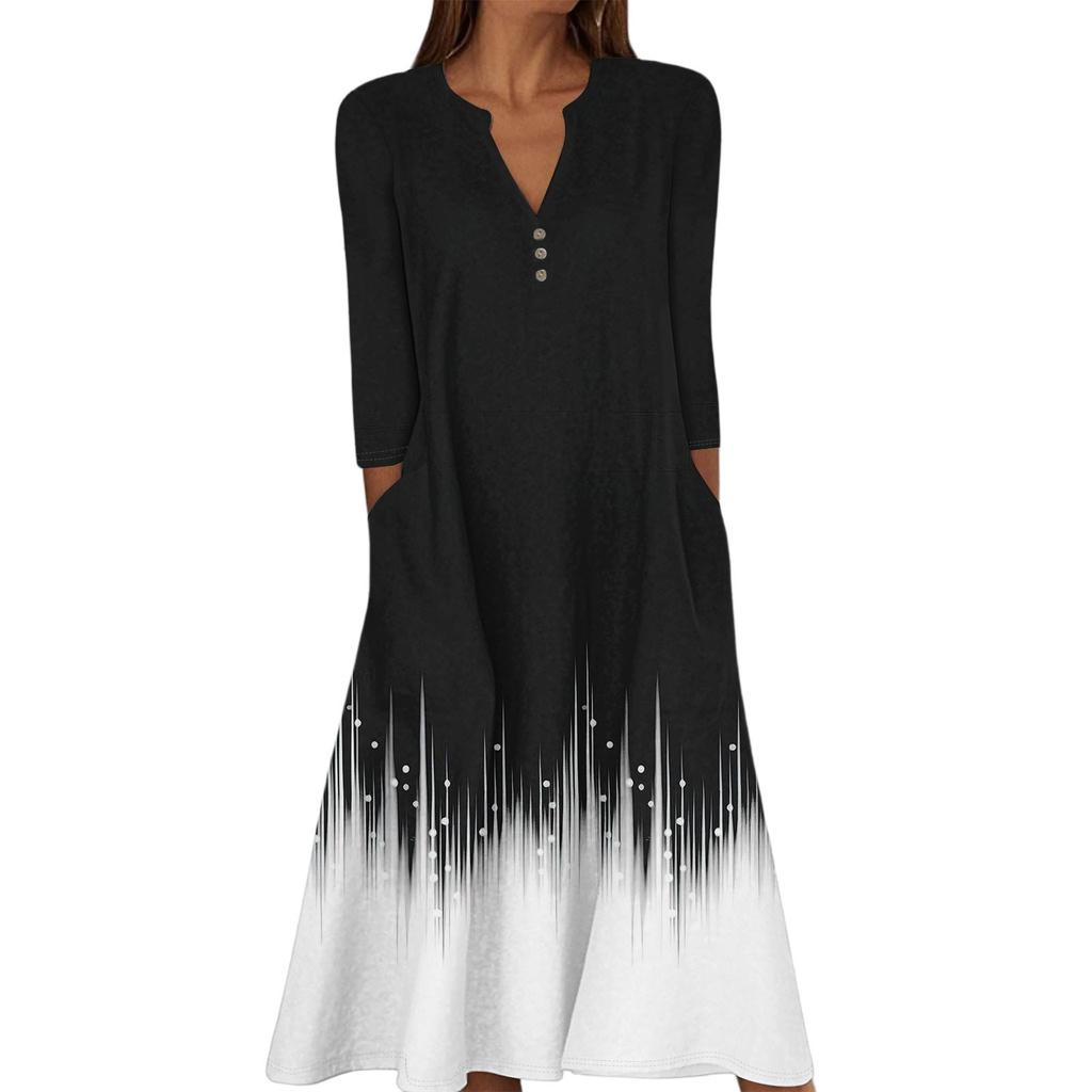 Женское летнее повседневное платье с V-образным вырезом на пуговицах, в стиле ретро, с геометрическим принтом, рукавами три четверти и карманами