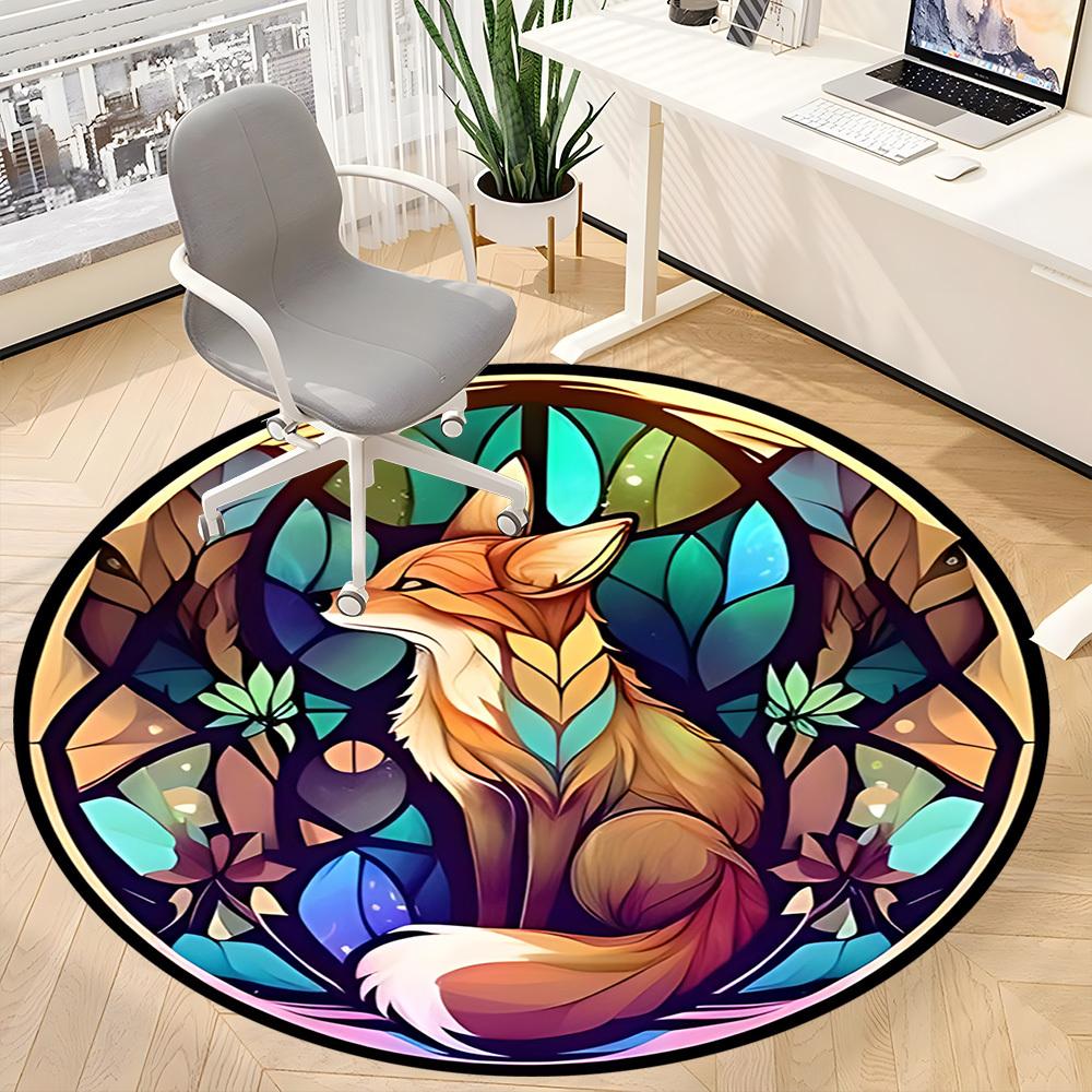 1pc Stained Glass Fox Office Round Area Rug, Indoor Mat Suitable ForOffice, Under Office Chairs Bedroom Living Room Home Decor, Room Deco D049