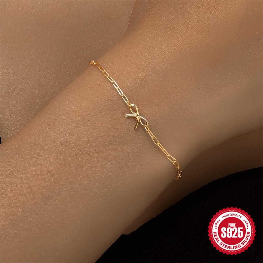 Серебро 925 пробы на каждый день с глянцевой цепочкой-скрепкой с бантом, простой и элегантный браслет