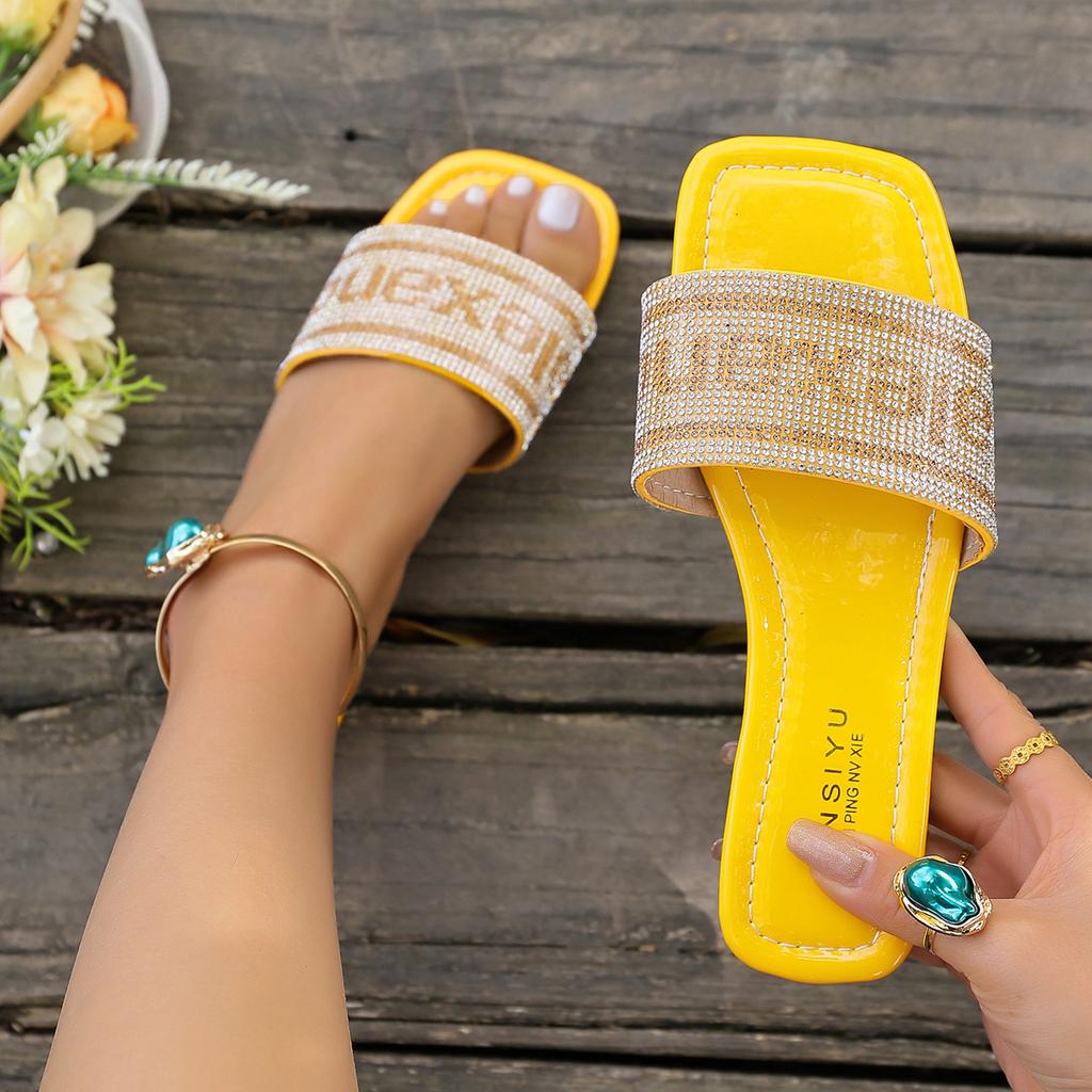 2025 direct sales 2025 new rhinestone one-word cool slippers embroidered D home thick heel slippers flat bottom cool slippers outer wear