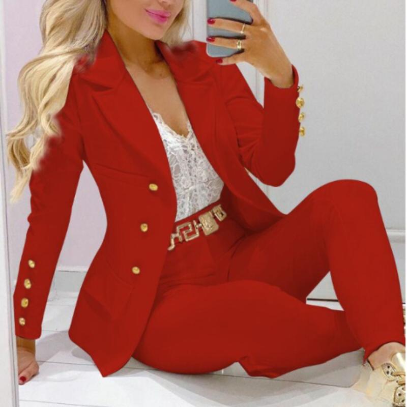Деловой повседневный комплект из двух предметов, двубортный пиджак с лацканами и узкие брюки, женская одежда