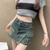 Women's Retro Denim High-Waist A-line Midi Bodycon Skirt with Anti-Exposure Shorts